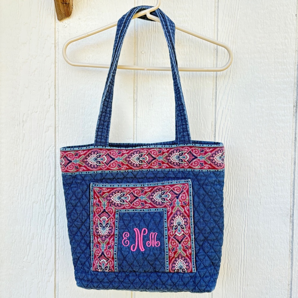 Vintage Tote Shoulder Bag Denim Quilted Zipper Pockets Monogram CottageCore